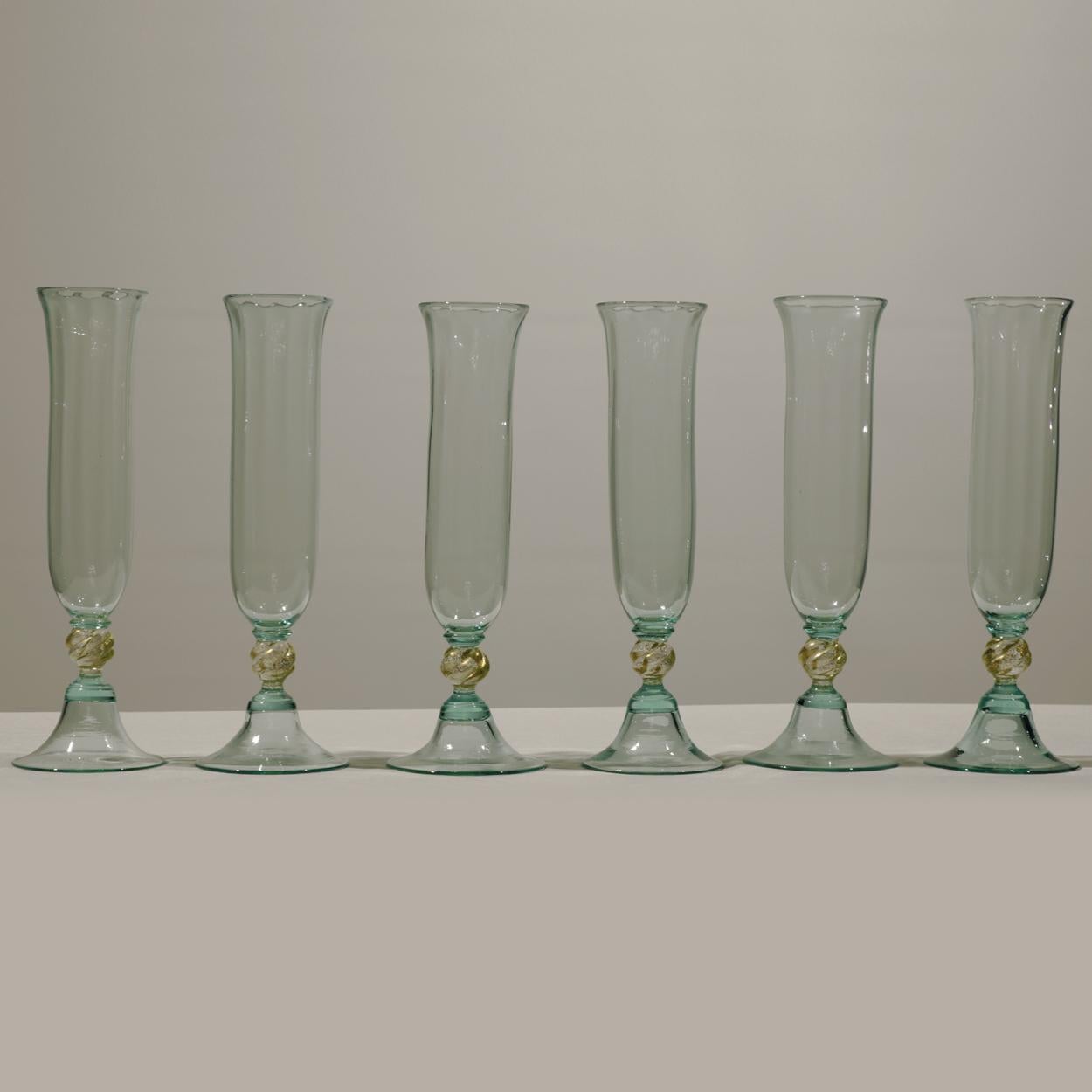 Blown Glass 1 of the 6 Green Murano Venetian Crystal Signoretto Flutes For Sale