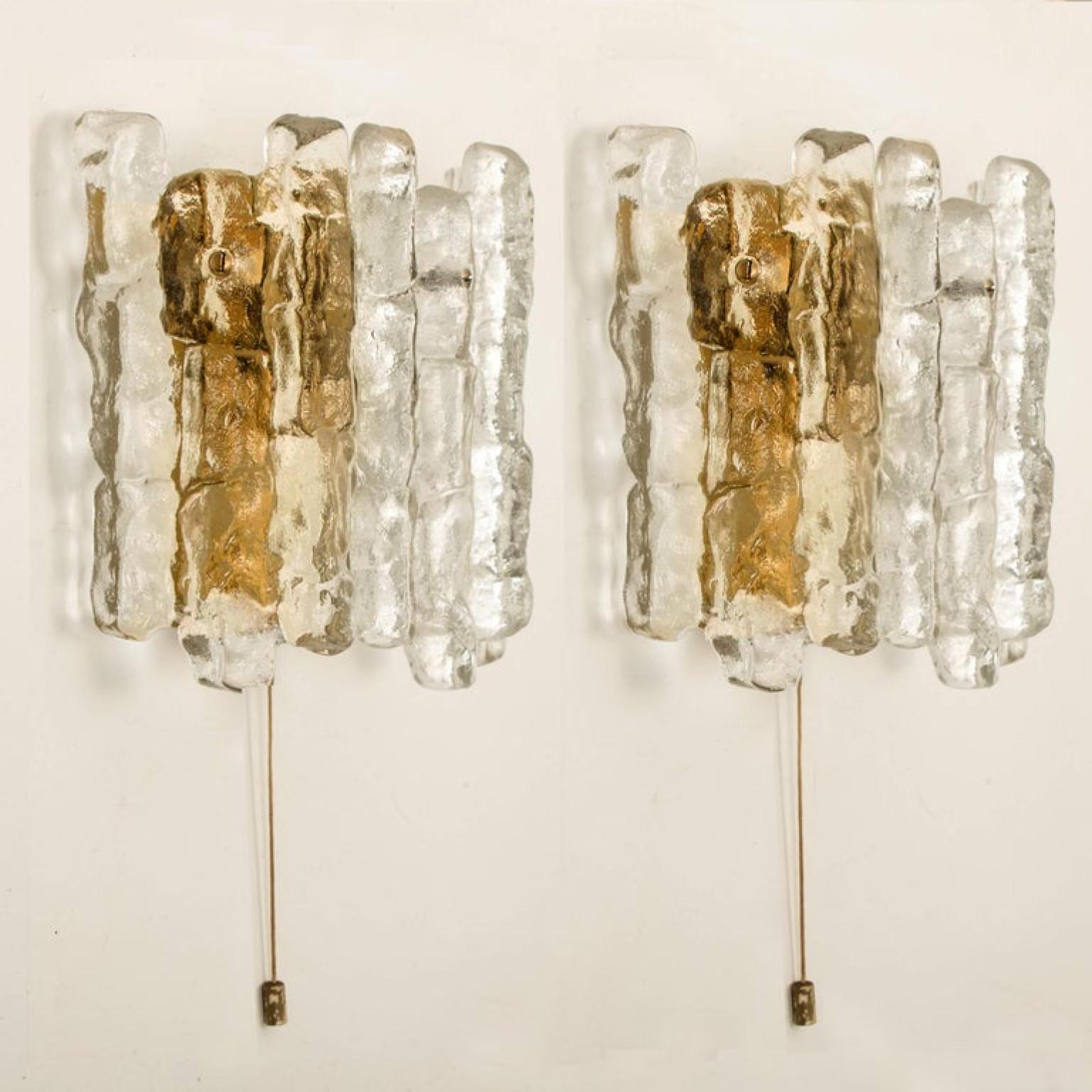 Mid-Century Modern 1 of the 6 Ice Glass Wall Sconces with Brass Tone by J.T. Kalmar, Austria For Sale