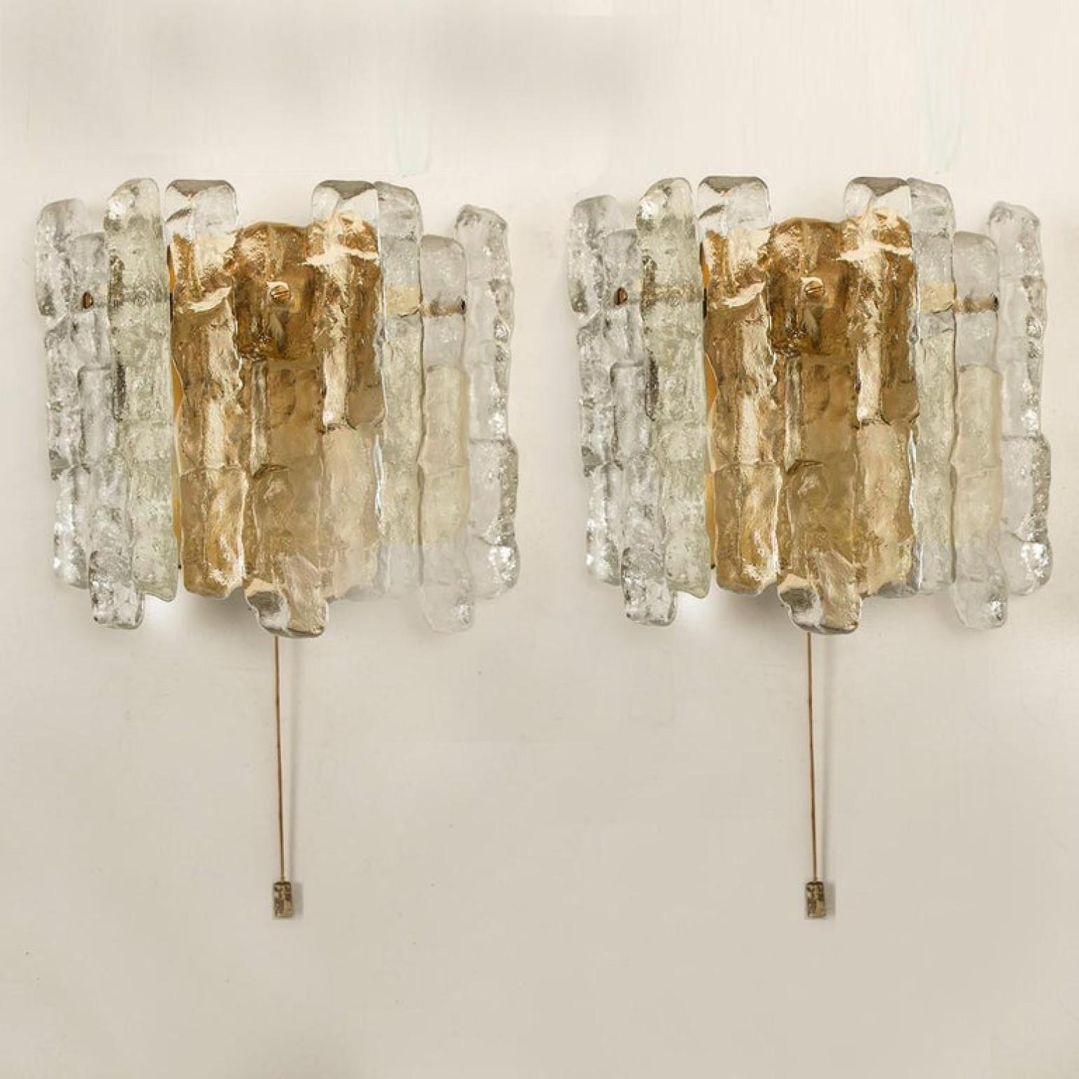 Austrian 1 of the 6 Ice Glass Wall Sconces with Brass Tone by J.T. Kalmar, Austria For Sale