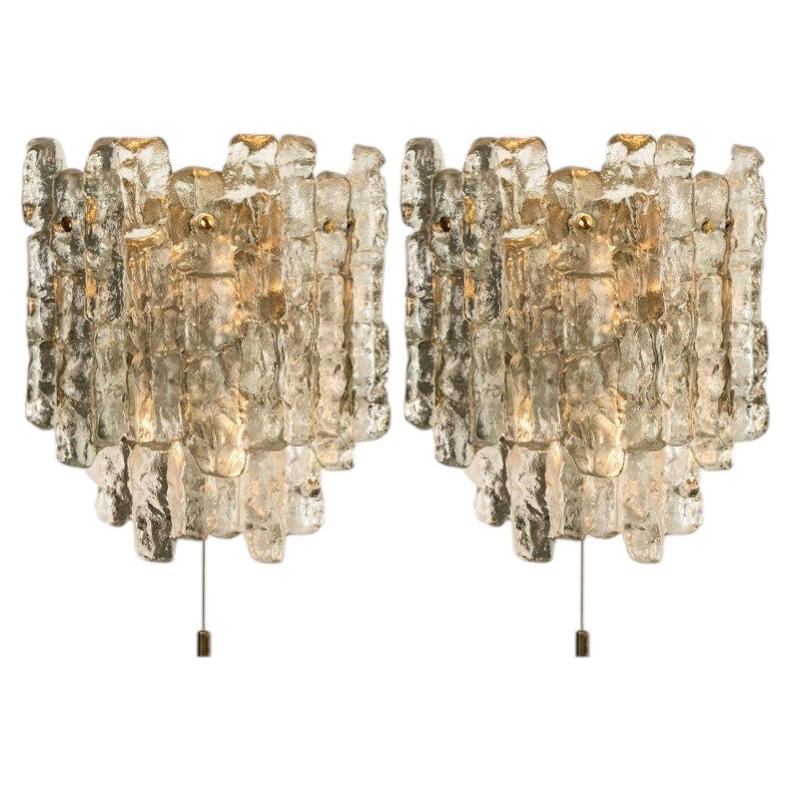 1 of the 6 Large Kalmar Ice Glass Wall Sconces Two Tiers by, Austria, 1970