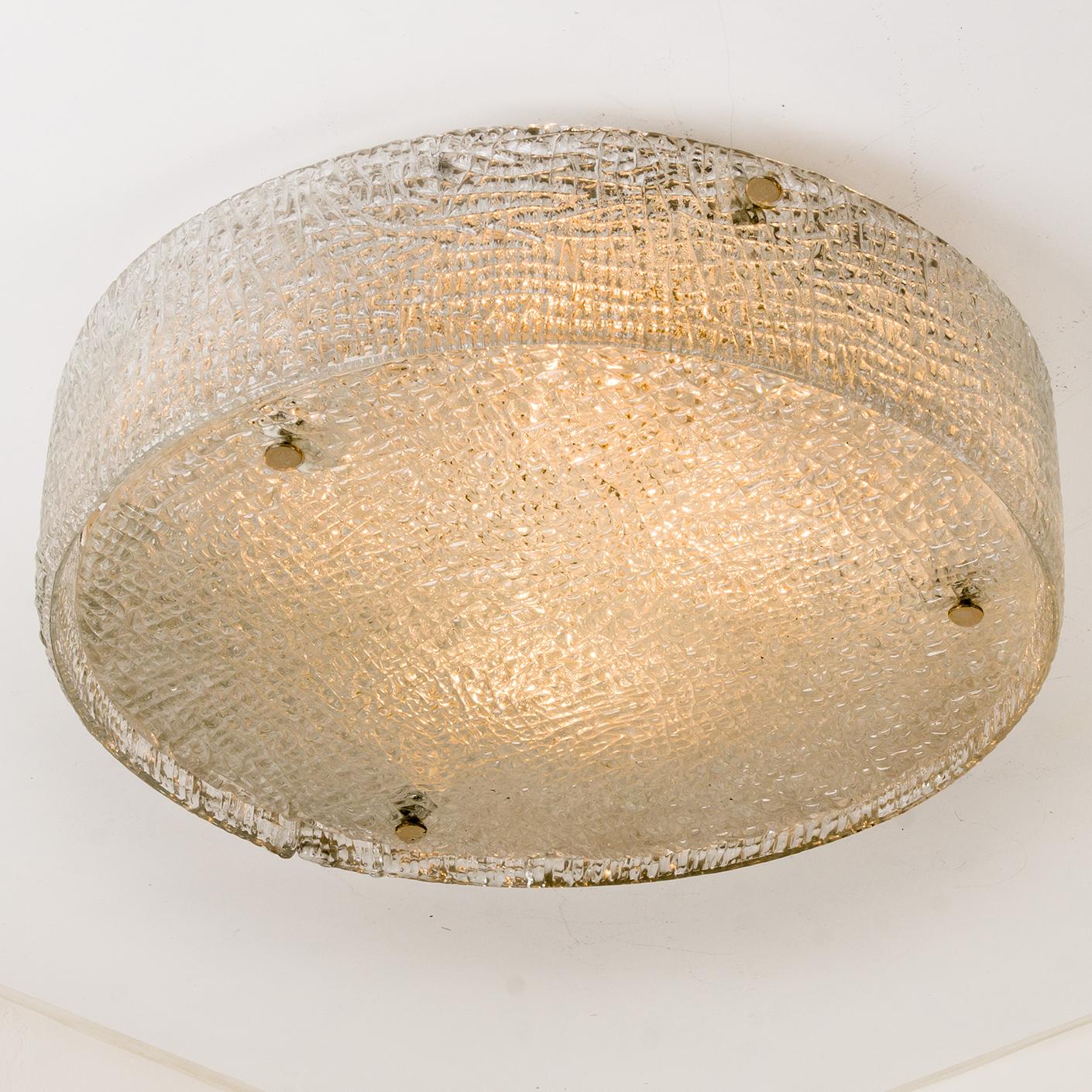 Hand-Crafted 1 of the 6 Large Thick Textured Glass Flush Mounts Ceiling Lights, 1960s For Sale