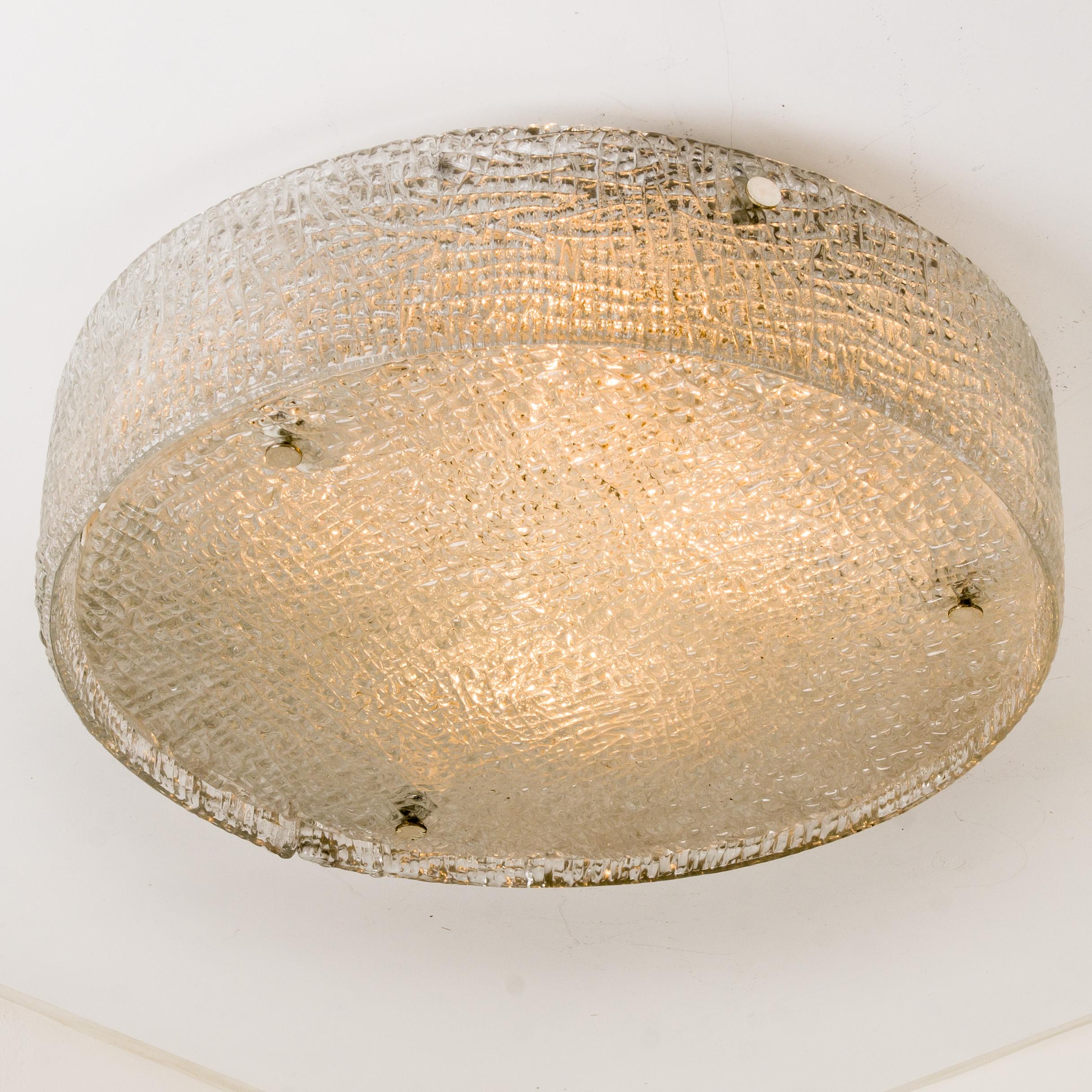 Late 20th Century Large Thick Textured Glass Flush Mounts Ceiling Lights, 1960s For Sale