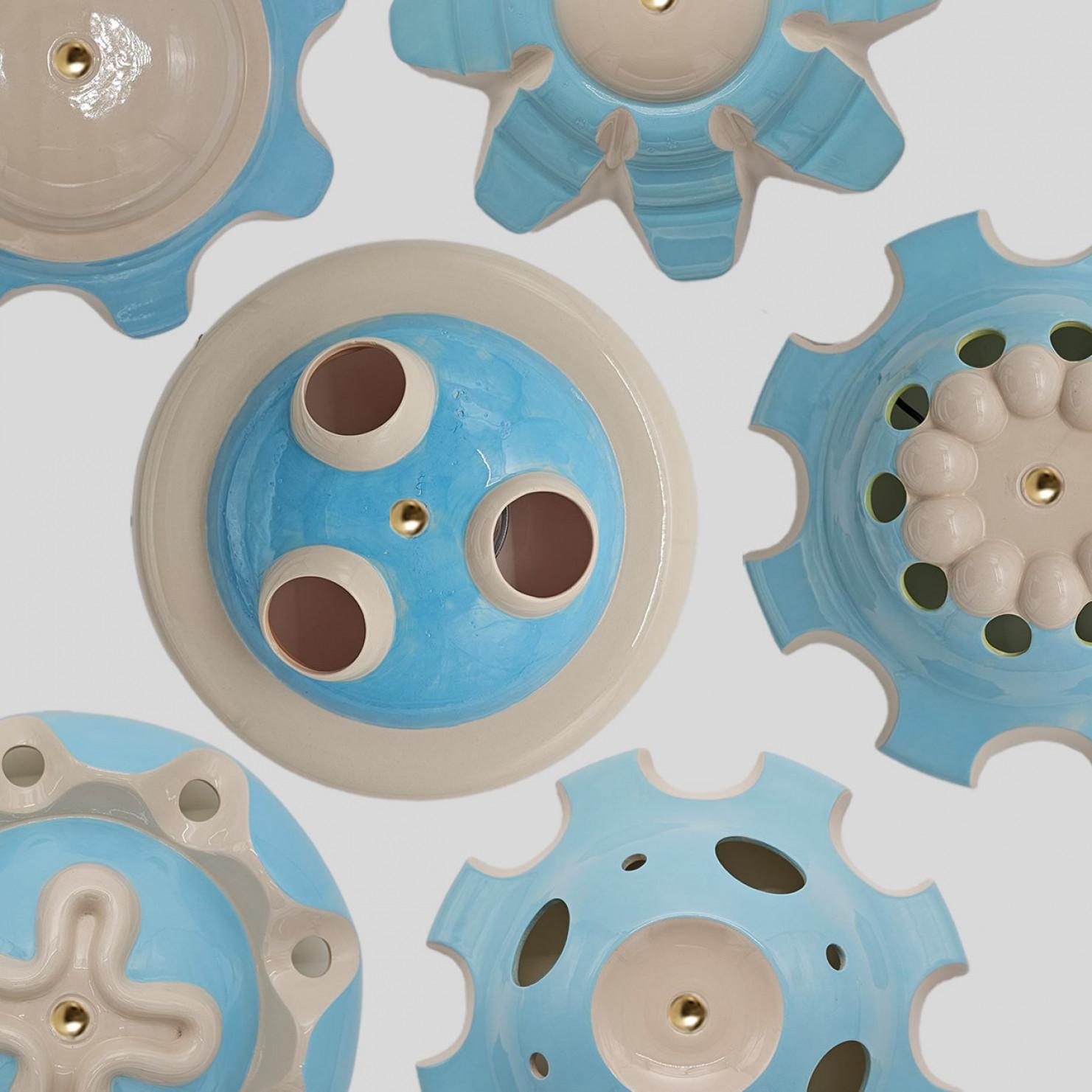 Modern 1 of the 6 Light Blue Ceramic Lamps, Rosettes by Jeanine Keizer, 1990 For Sale