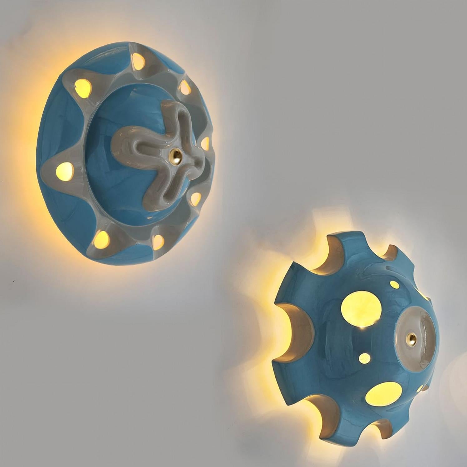 Other 1 of the 6 Light Blue Ceramic Lamps, Rosettes by Jeanine Keizer, 1990 For Sale