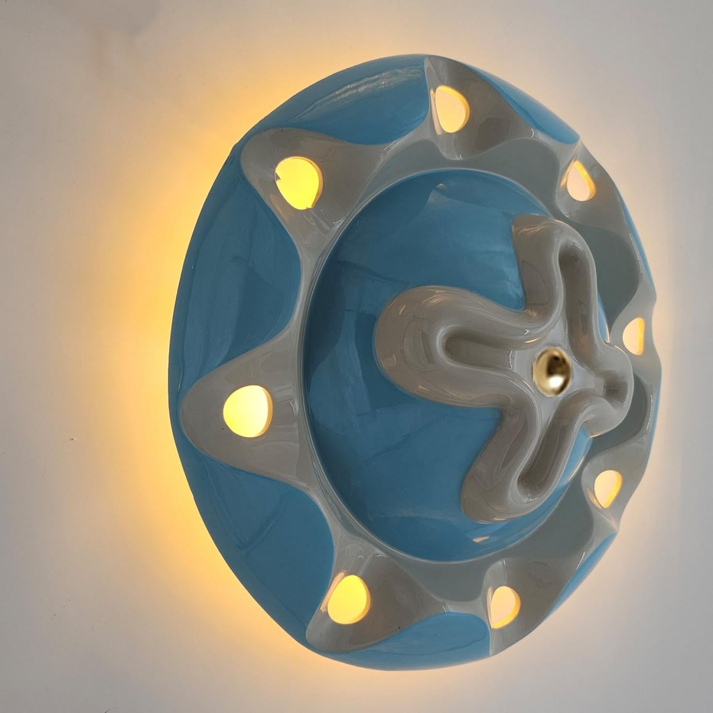 1 of the 6 Light Blue Ceramic Lamps, Rosettes by Jeanine Keizer, 1990 For Sale 1
