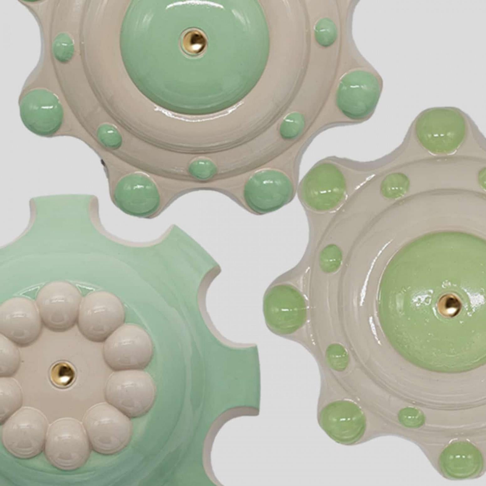 Modern 1 of the 6 Light Green Ceramic Lamps, Rosettes by Jeanine Keizer, 1990 For Sale
