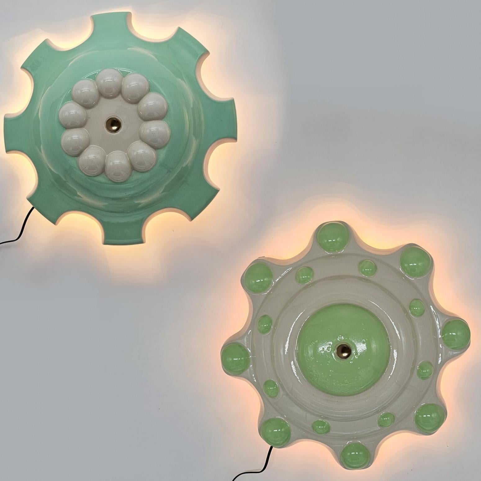 Other 1 of the 6 Light Green Ceramic Lamps, Rosettes by Jeanine Keizer, 1990 For Sale