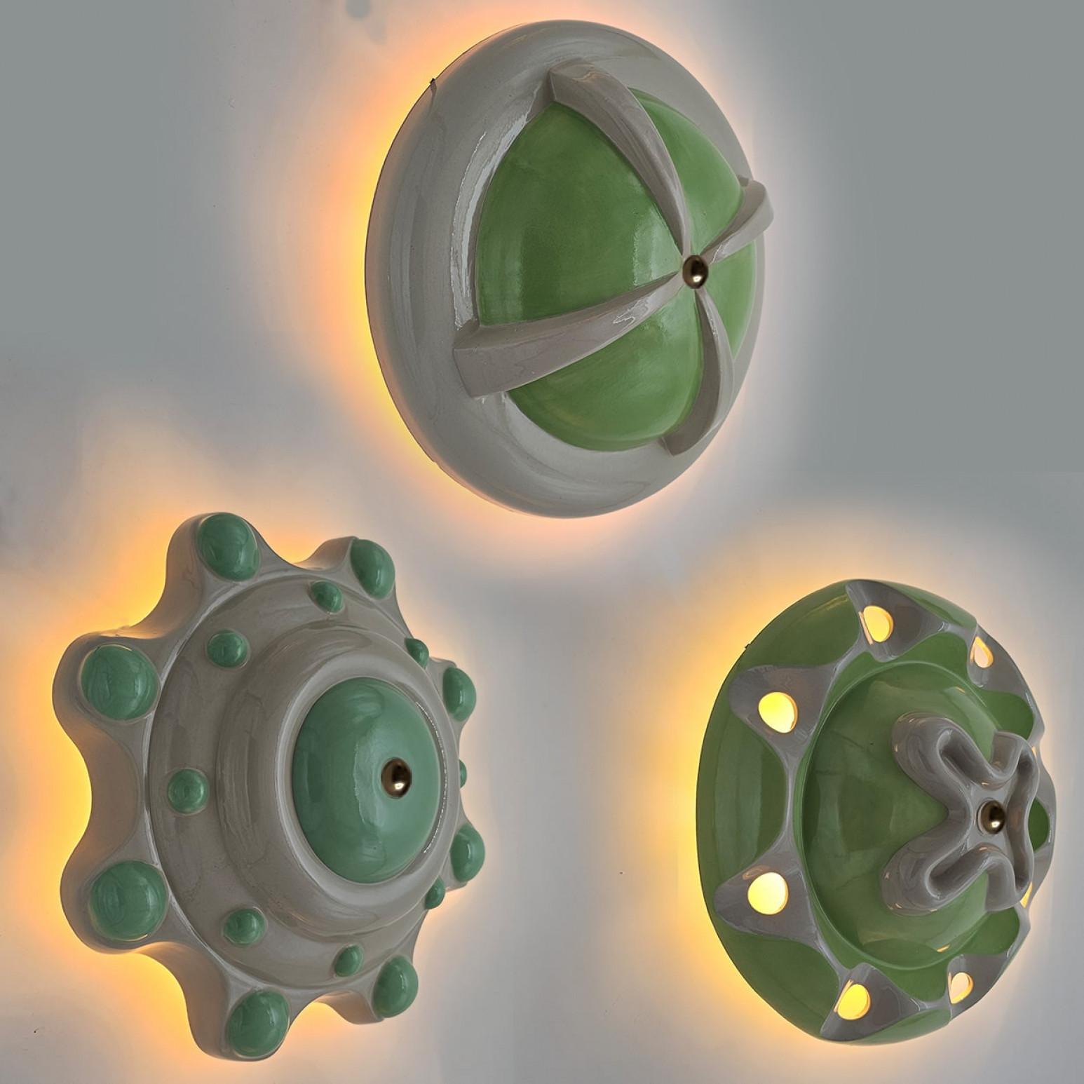 Late 20th Century 1 of the 6 Light Green Ceramic Lamps, Rosettes by Jeanine Keizer, 1990 For Sale