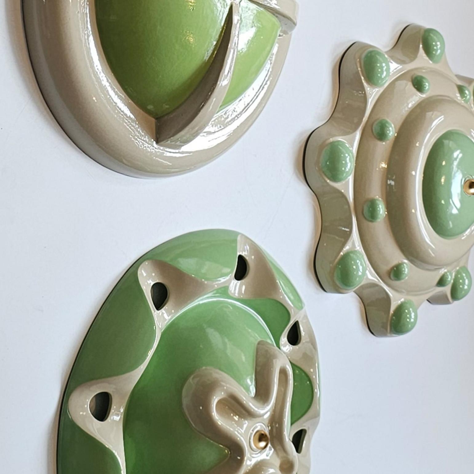 1 of the 6 Light Green Ceramic Lamps, Rosettes by Jeanine Keizer, 1990 For Sale 1