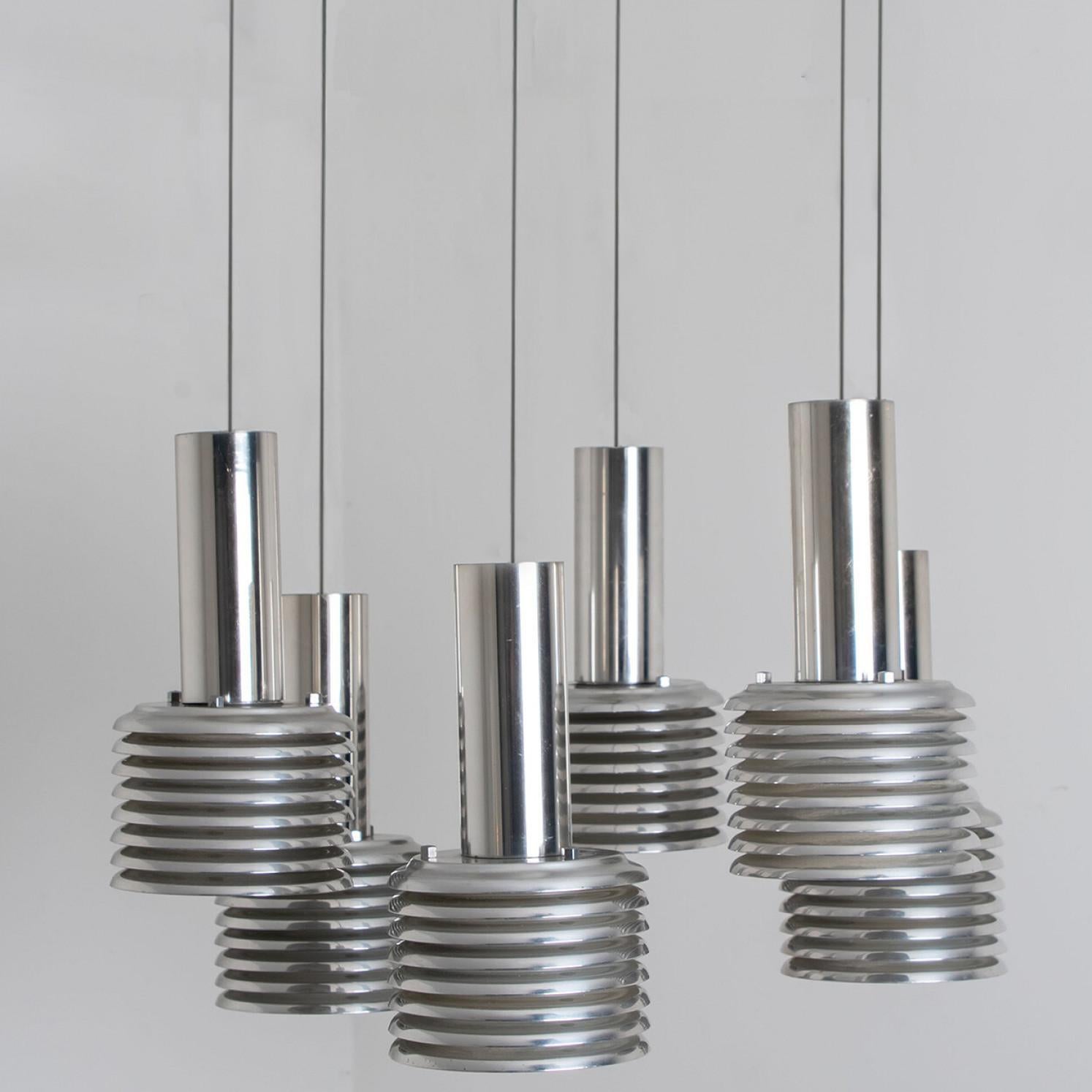 Space Age 1 of the 6 Metal and Chrome Pendant Lights by Staff Leuchten, 1970s For Sale