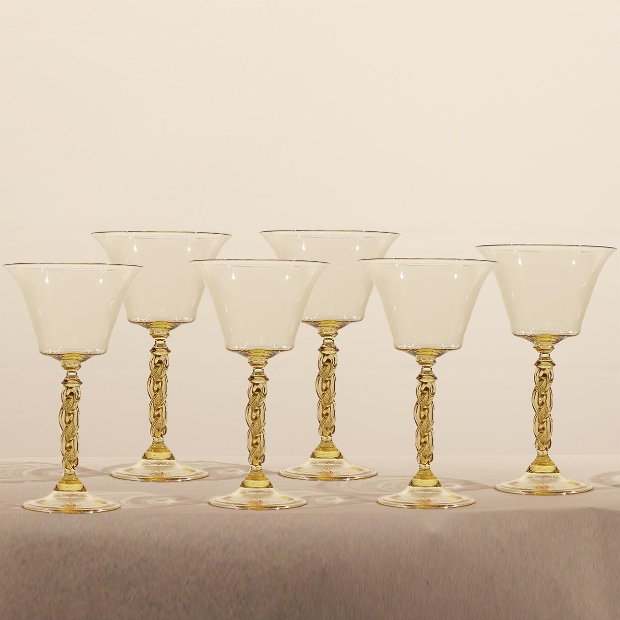 1 of the 6 gorgeous hand-blown Signoretto Glass/Goblets with a wonderful clear and gold infused in the glass. Get a feel for how Venetian nobles lived and entertained centuries ago and enjoy Old World European elegance with these fine Venetian Glass