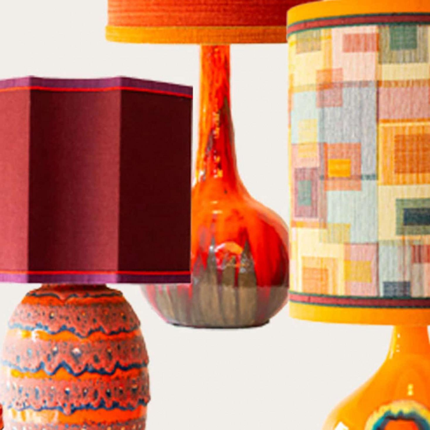 Mid-Century Modern 1 of the 6 Orange Red Floor Table Lamps, Custom Silk Lamp Shades by R. Houben For Sale