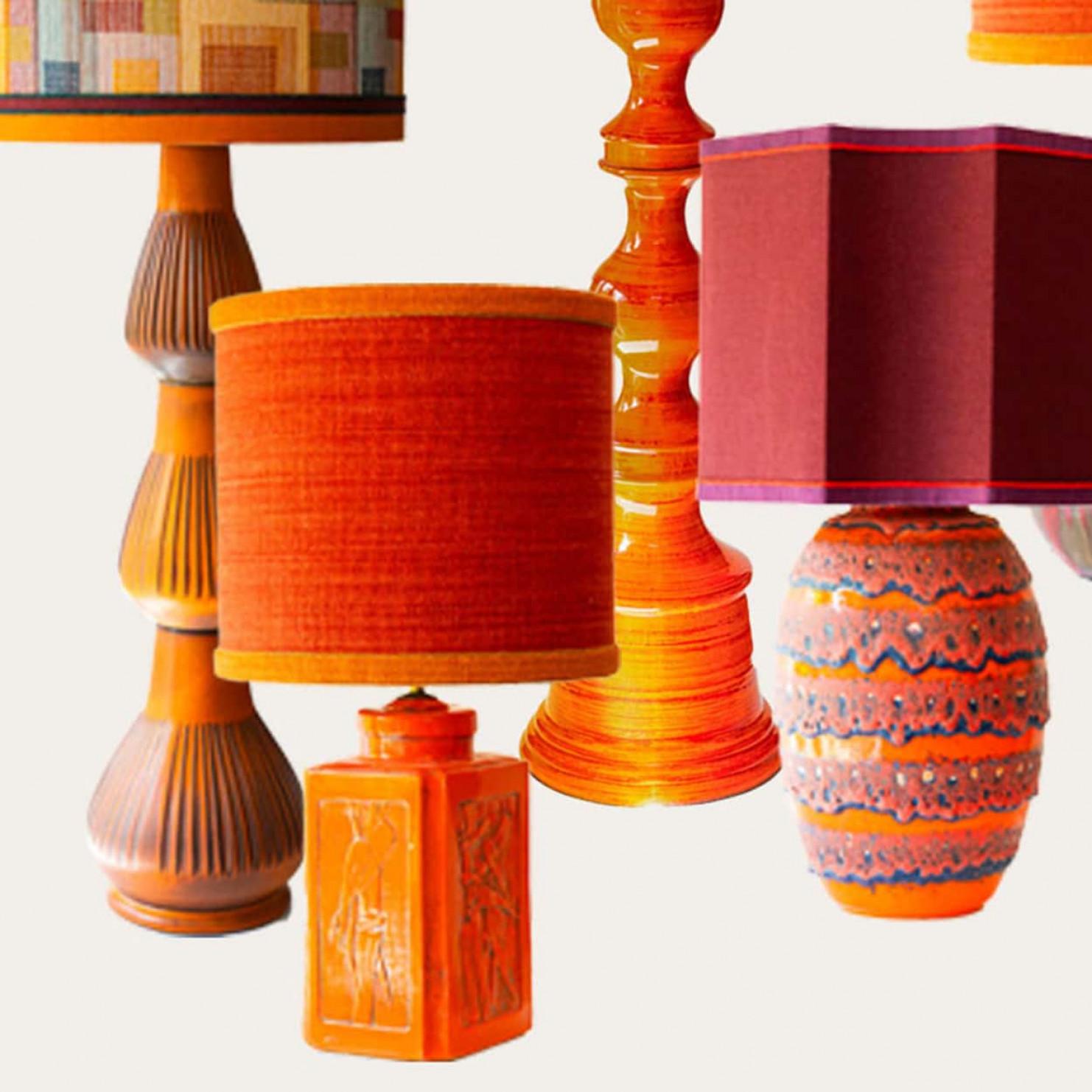 Danish 1 of the 6 Orange Red Floor Table Lamps, Custom Silk Lamp Shades by R. Houben For Sale