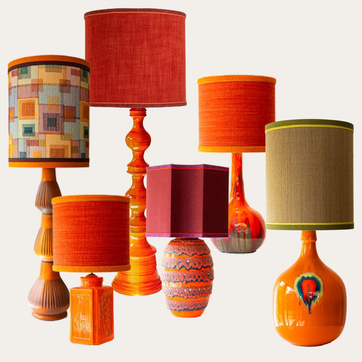 1 of the 6 Orange Red Floor Table Lamps, Custom Silk Lamp Shades by R. Houben For Sale 1