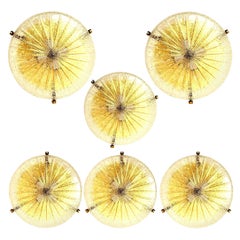 1 of the 6 Thick Massive Handmade Glass Brass Flush Mount or Wall Light, 1960