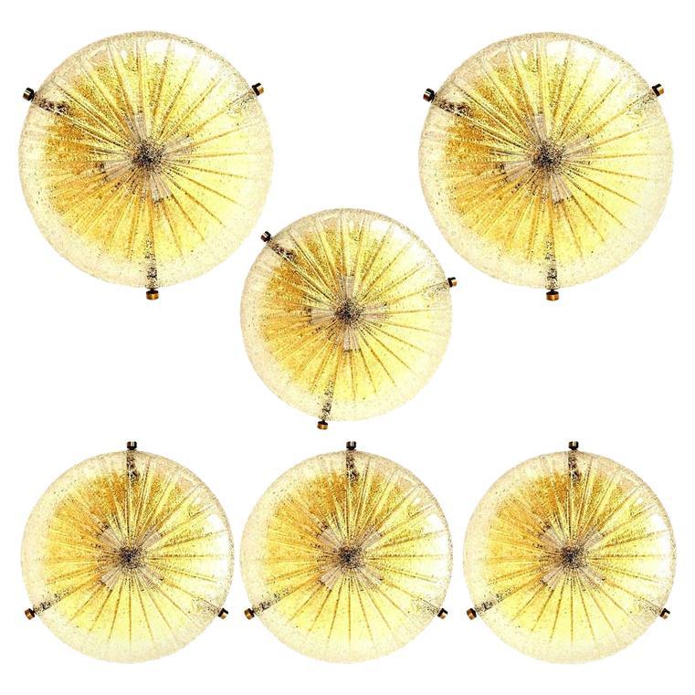 1 of the 6 Thick Massive Handmade Glass Brass Flush Mount or Wall Light, 1960