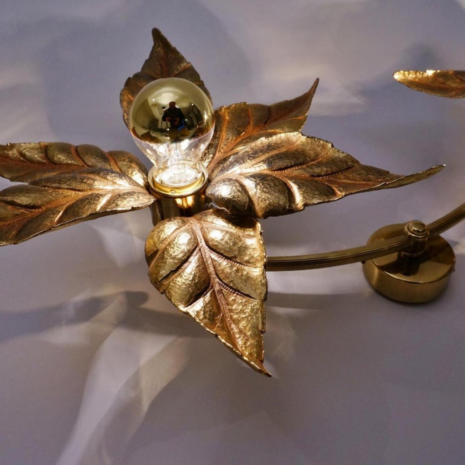 1 of the 6 Willy Daro Style Full Brass Double Flower Wall Lights, 1970s For Sale 4