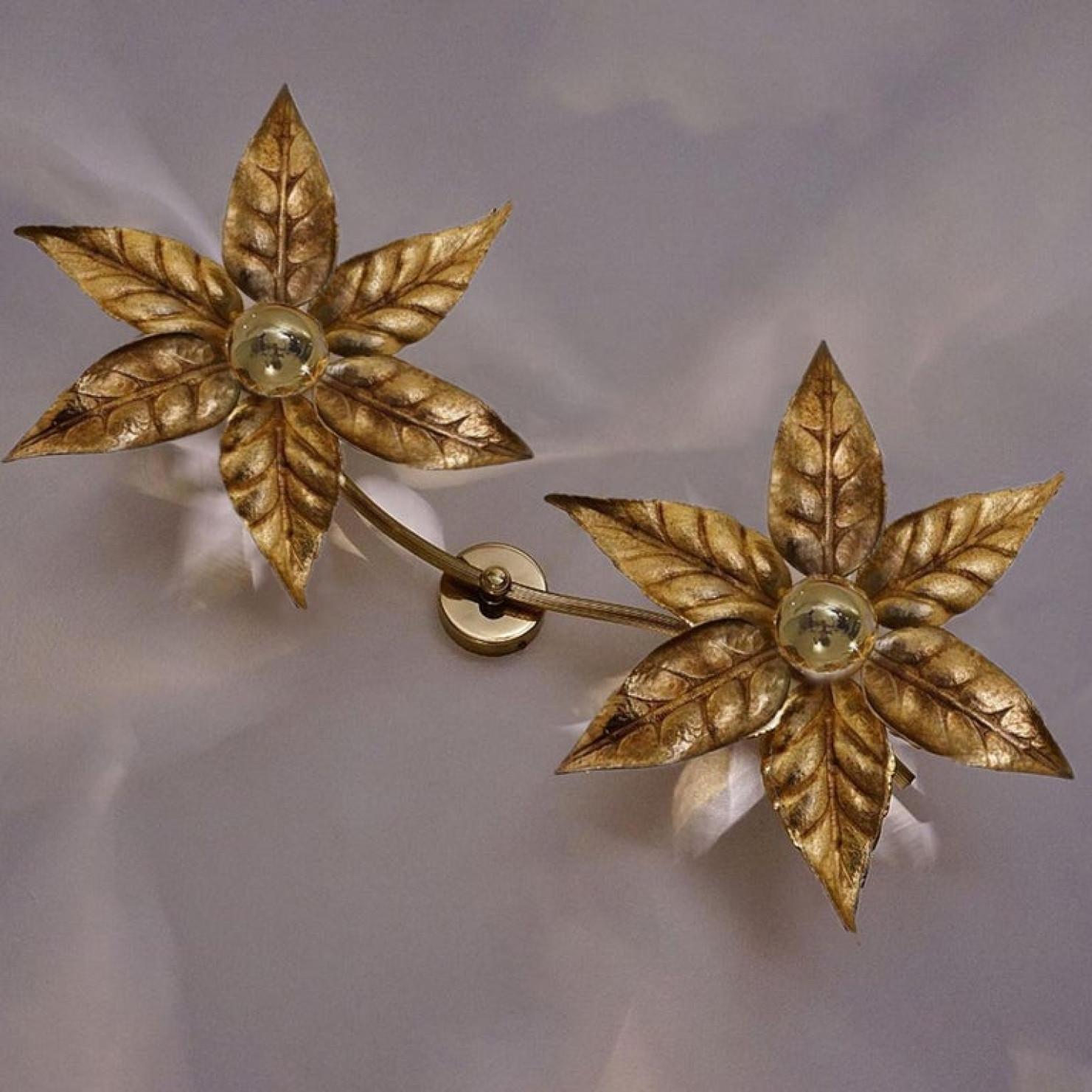 German 1 of the 6 Willy Daro Style Full Brass Double Flower Wall Lights, 1970s For Sale