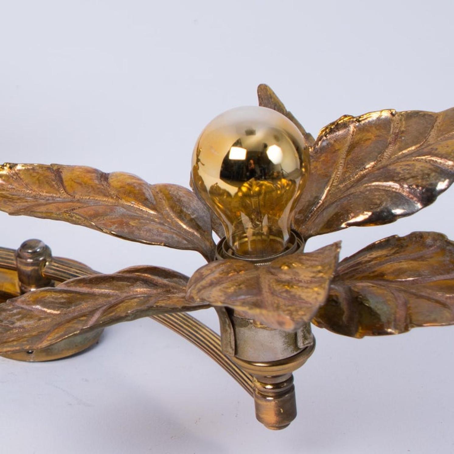 Other 1 of the 6 Willy Daro Style Full Brass Double Flower Wall Lights, 1970s For Sale