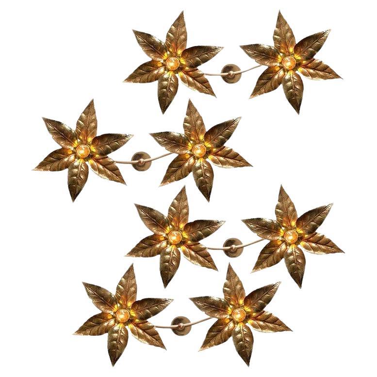 1 of the 6 Willy Daro Style Full Brass Double Flower Wall Lights, 1970s