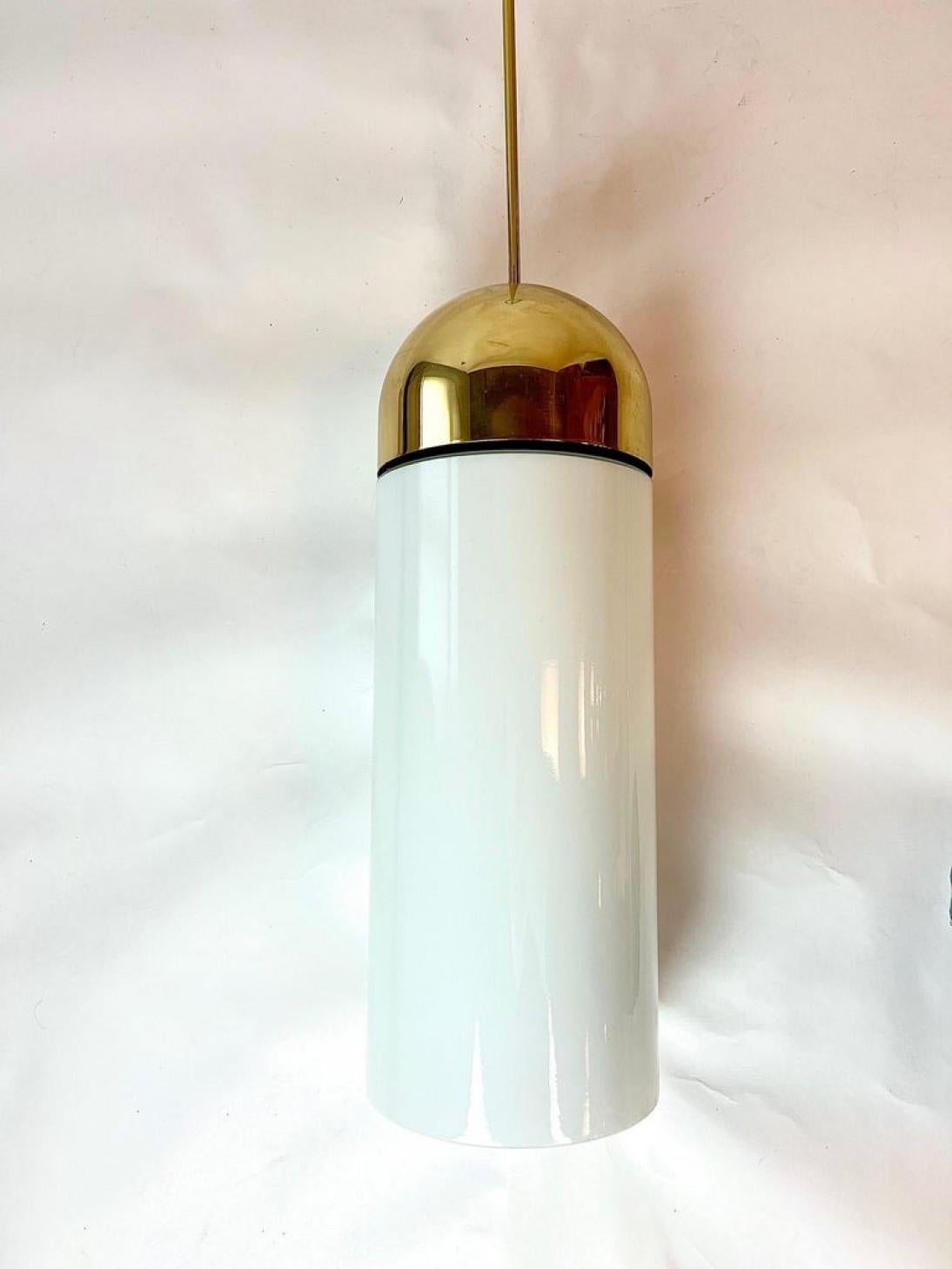 1 of the 6 XL Opaque Glass / Brass Pendant Lights by Limburg, 1970s For Sale 4