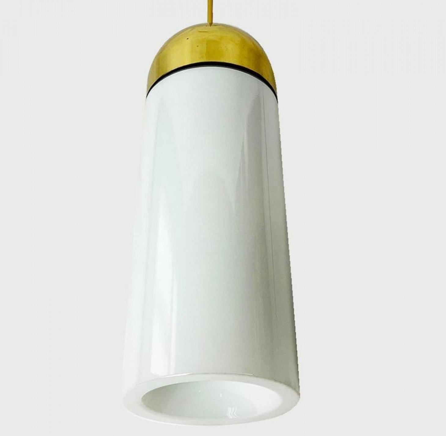 1 of the 6 XL Opaque Glass / Brass Pendant Lights by Limburg, 1970s For Sale 9