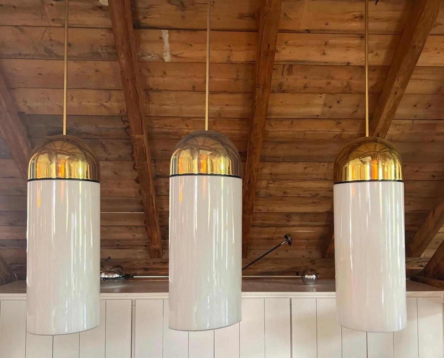 Mid-Century Modern 1 of the 6 XL Opaque Glass / Brass Pendant Lights by Limburg, 1970s For Sale