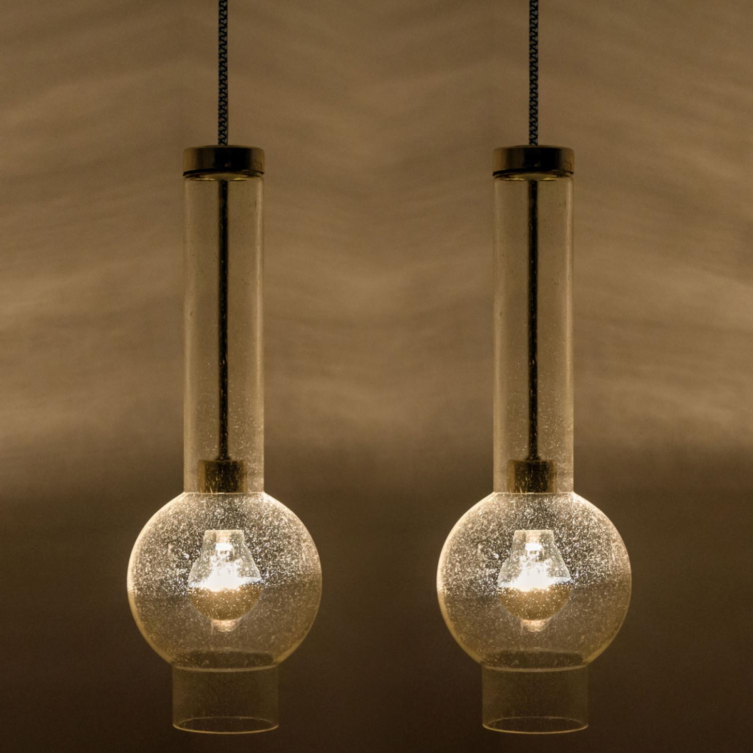 German 1 of the 7 Blown Glass and Brass Tube Pedant Lights by Staff Leuchten, 1970s For Sale