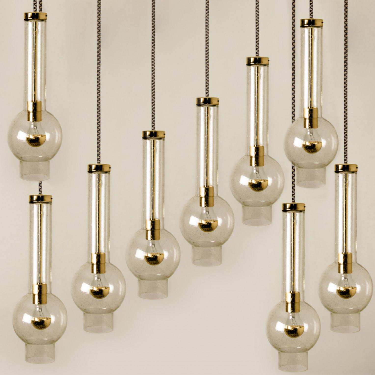 Other 1 of the 7 Blown Glass and Brass Tube Pedant Lights by Staff Leuchten, 1970s For Sale