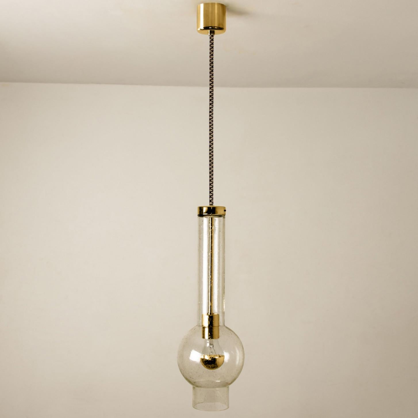 Late 20th Century 1 of the 7 Blown Glass and Brass Tube Pedant Lights by Staff Leuchten, 1970s For Sale