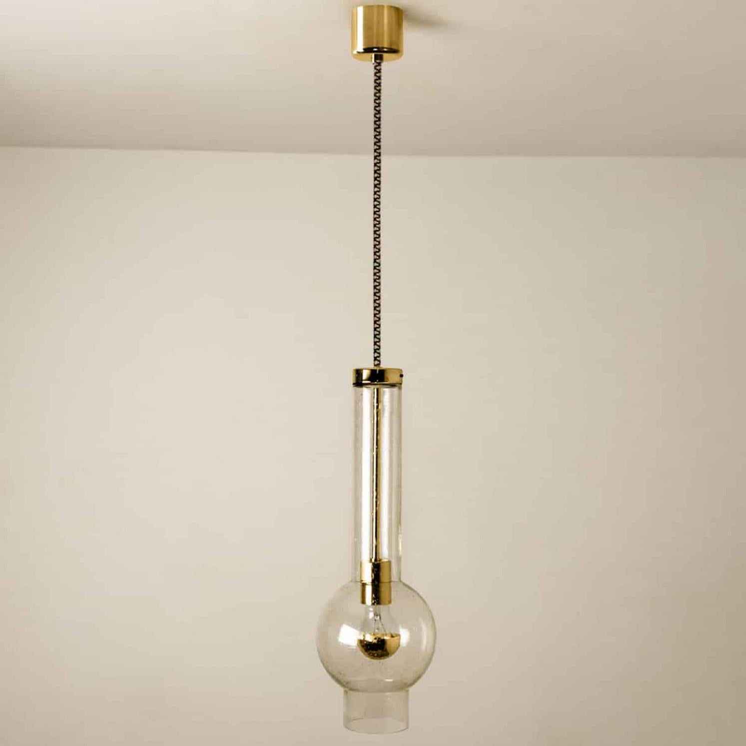 1 of the 7 Blown Glass and Brass Tube Pedant Lights by Staff Leuchten, 1970s For Sale 1
