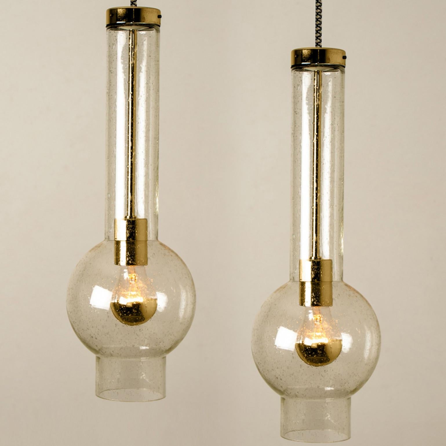 1 of the 7 Blown Glass and Brass Tube Pedant Lights by Staff Leuchten, 1970s For Sale 2