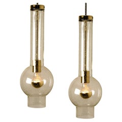 1 of the 7 Blown Glass and Brass Tube Pedant Lights by Staff Leuchten, 1970s