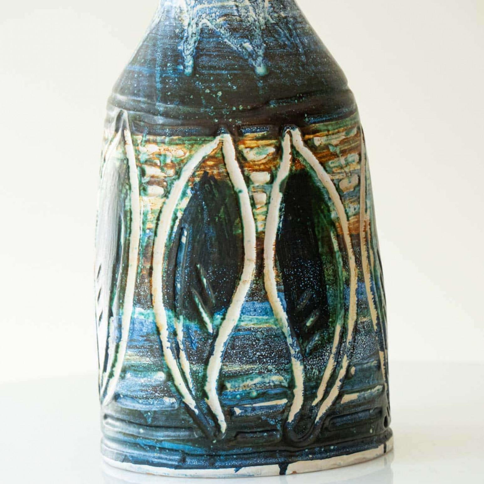 1 of the 7 Blue Brown Ceramic Table Lamps, Custom Silk Lamp Shades by R. Houben For Sale 3