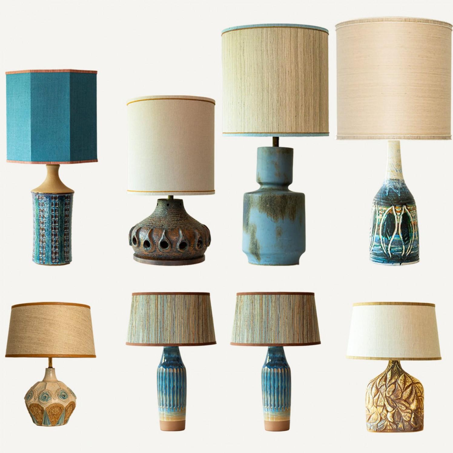 1 of the 7 Blue Brown Ceramic Table Lamps, Custom Silk Lamp Shades by R. Houben For Sale 9