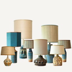 1 of the 7 Blue Brown Ceramic Table Lamps, Custom Silk Lamp Shades by R. Houben