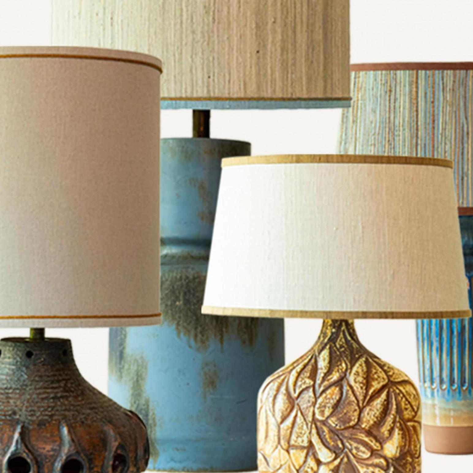 Mid-Century Modern 1 of the 7 Blue Brown Ceramic Table Lamps, Custom Silk Lamp Shades by R. Houben For Sale