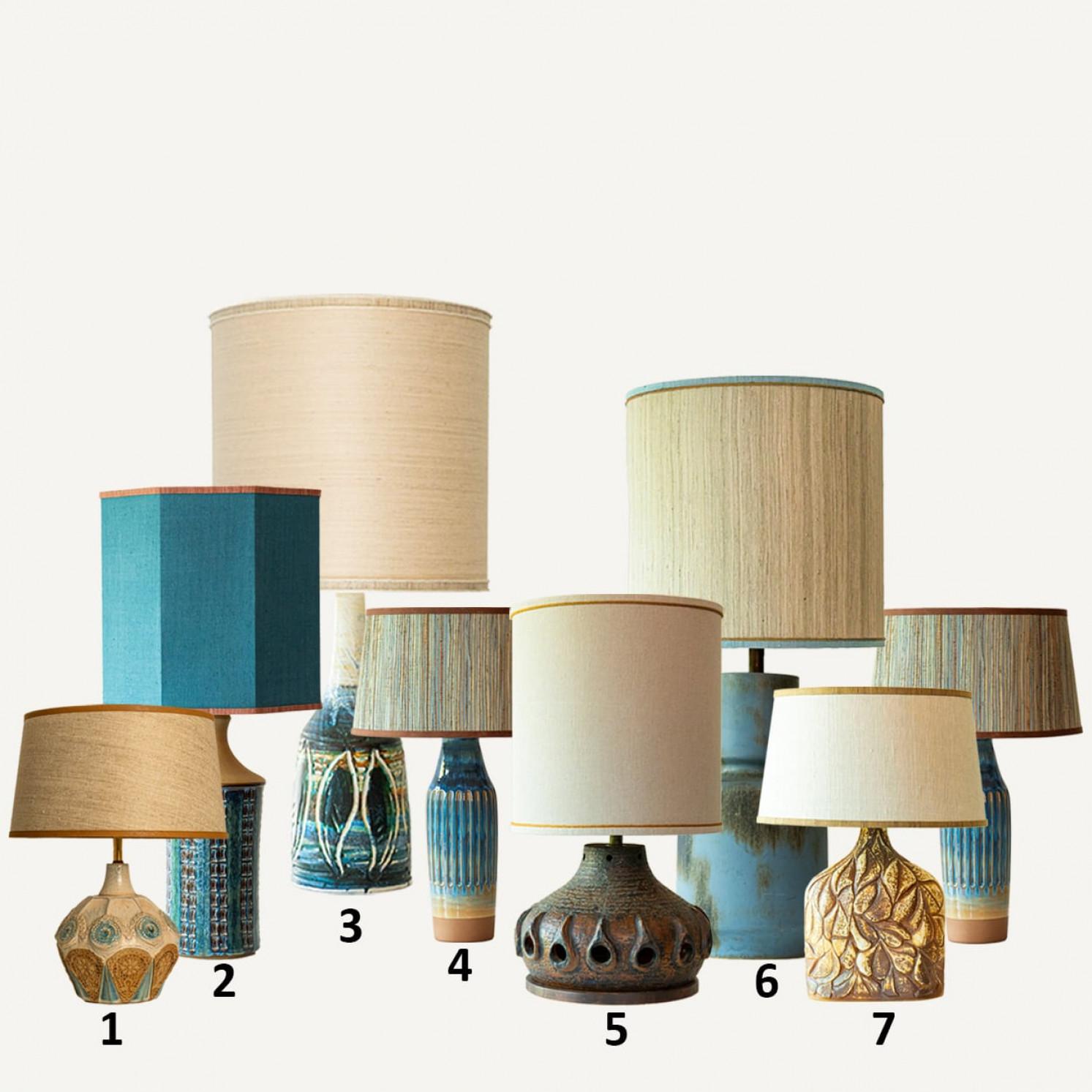 Late 20th Century 1 of the 7 Blue Brown Ceramic Table Lamps, Custom Silk Lamp Shades by R. Houben For Sale