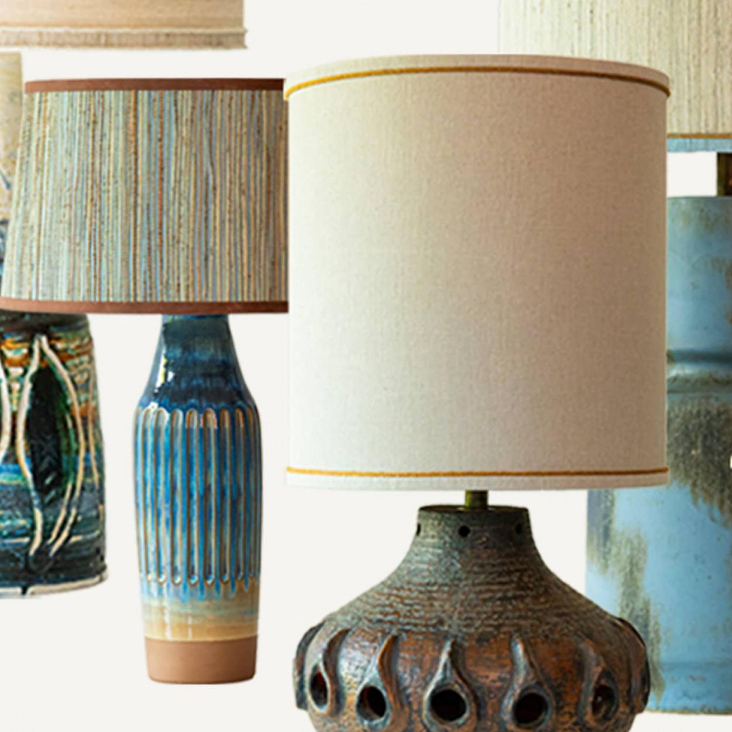 1 of the 7 Blue Brown Ceramic Table Lamps, Custom Silk Lamp Shades by R. Houben For Sale 1