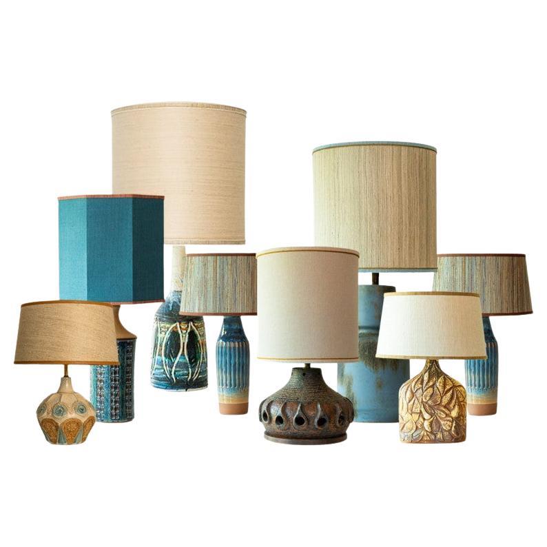 1 of the 7 Blue Brown Ceramic Table Lamps, Custom Silk Lamp Shades by R. Houben