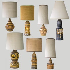 1 delle 7 lampade in ceramica di Georges Pelletier, paralumi in seta personalizzati di R. Houben