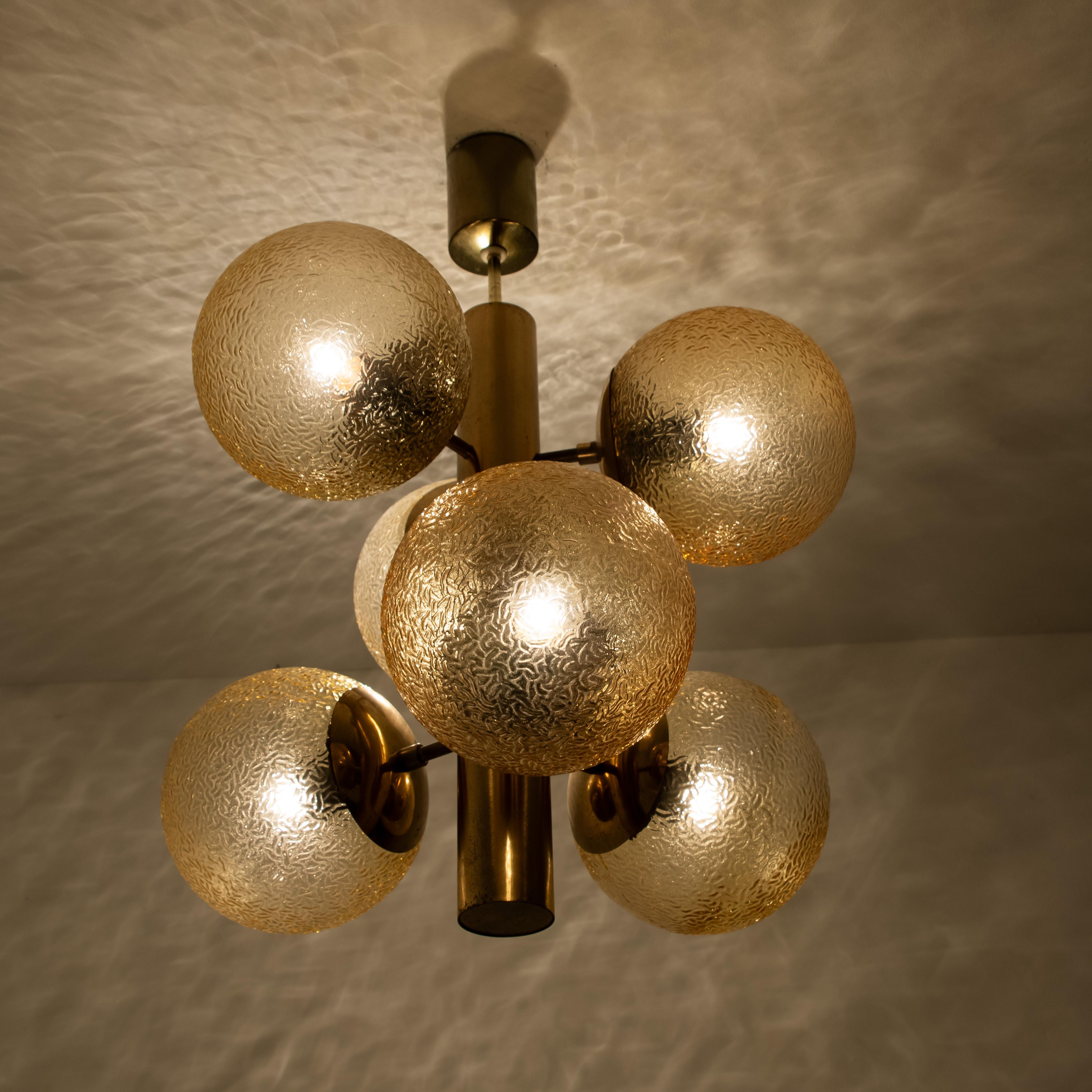 German 1 of the 7 Molecular Chandeliers by VEB, Amber Glass Globes