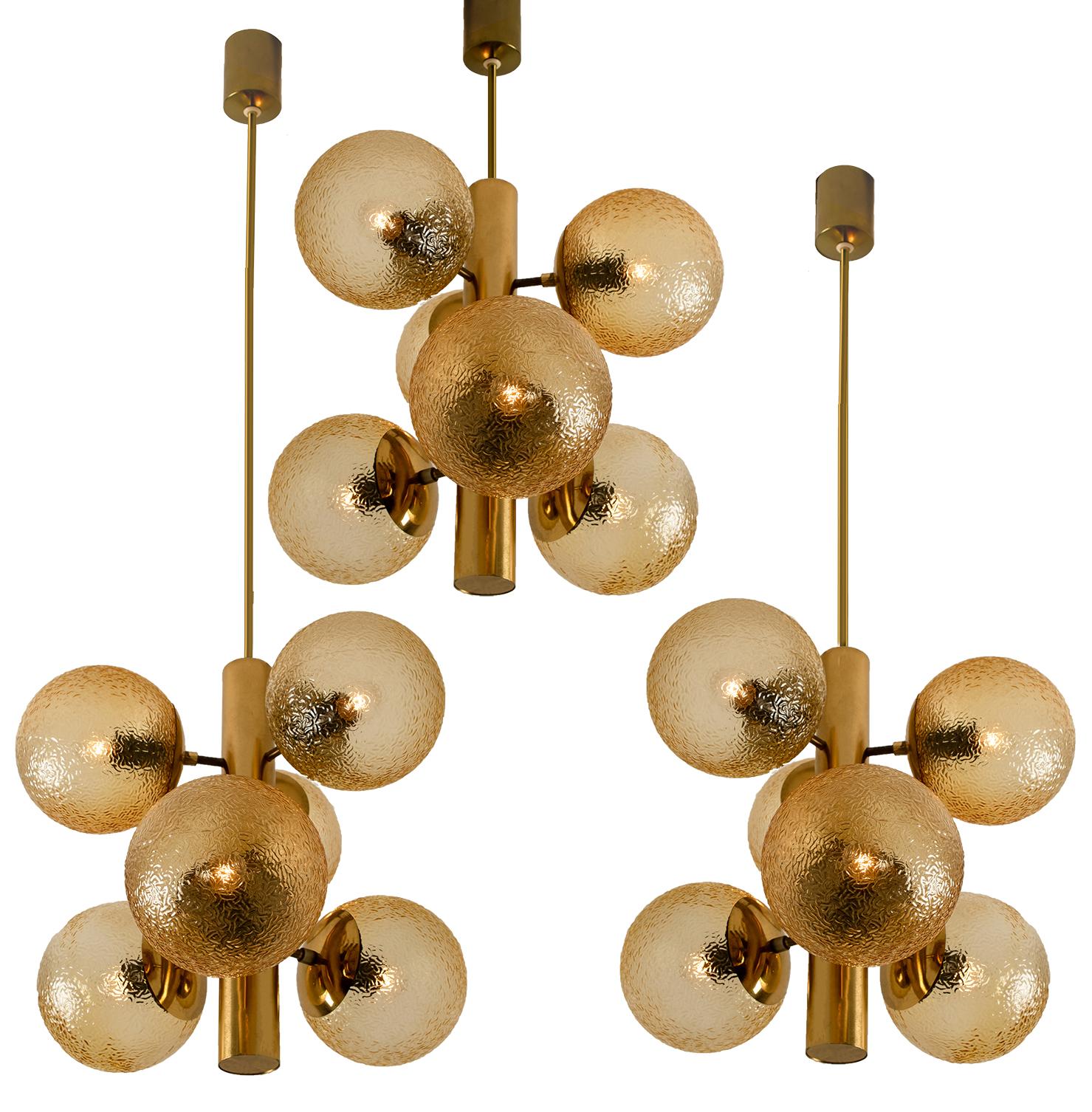 Pressed 1 of the 7 Molecular Chandeliers by VEB, Amber Glass Globes