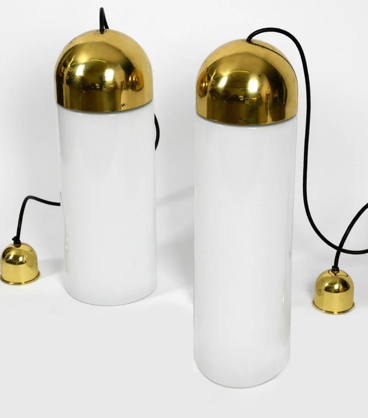 Late 20th Century 1 of the 5 XL Opaque Glass / Brass Pendant Lights by Limburg, 1970s For Sale