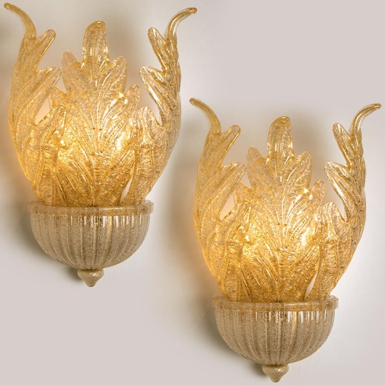 Italian 1 of the 6 XL Wall Sconces Barovier & Toso Murano Glass and Gold-Plated, 1960 For Sale