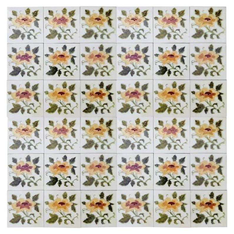 1 of the 80 Authentic Glazed Art Nouveau Relief Tiles Rose, Belga, circa 1930s For Sale