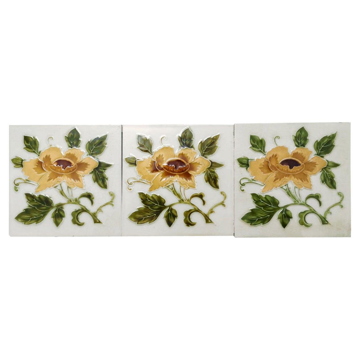This is an amazing set of antique Art Nouveau handmade tiles with an image of yellow rose in relief on a soft yellow background. These tiles would be charming displayed on easels, framed or incorporated into a custom tile design.

Please note that