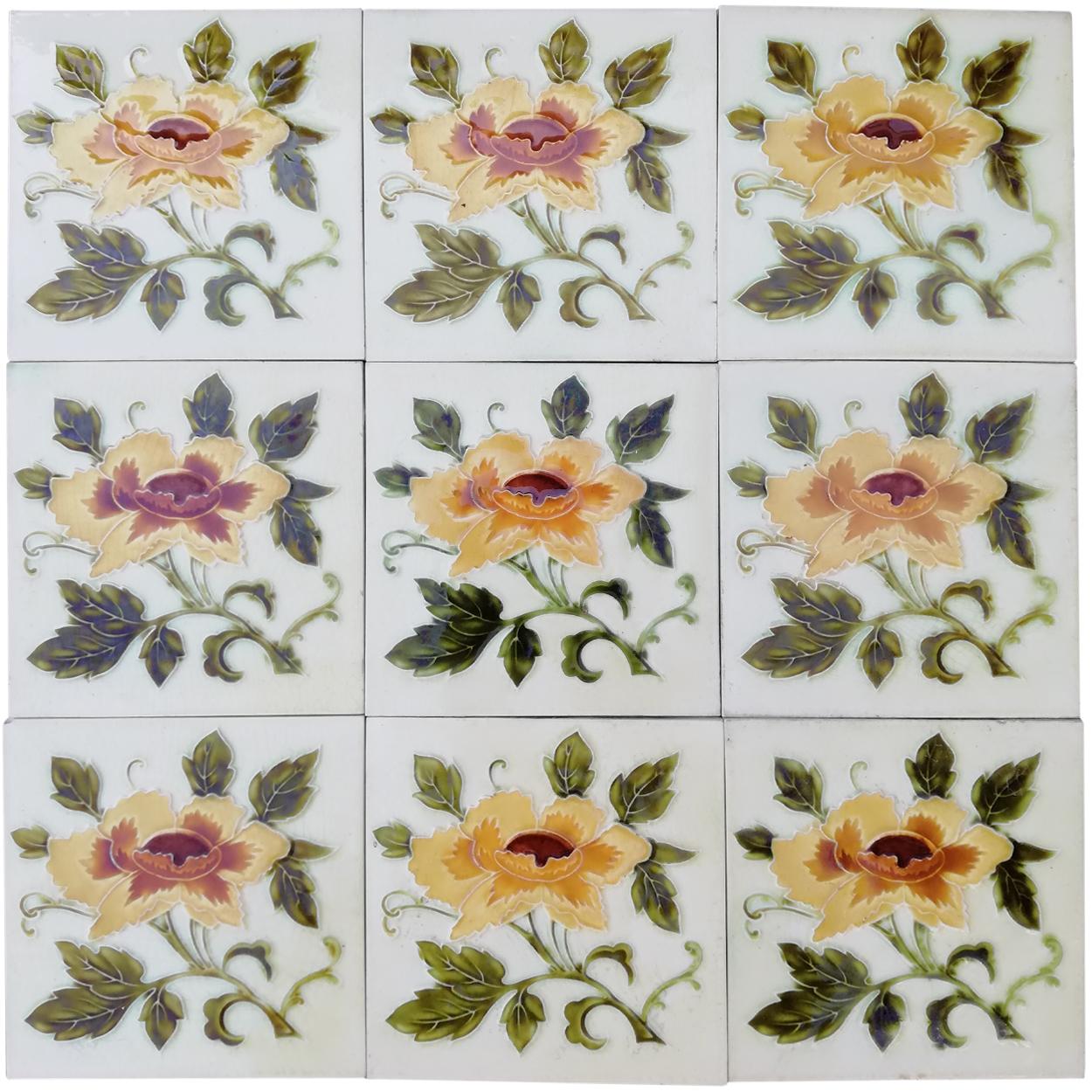 1 of the 86 Authentic Glazed Art Nouveau Relief Tiles Rose, Belga, circa 1930s In Good Condition For Sale In Rijssen, NL