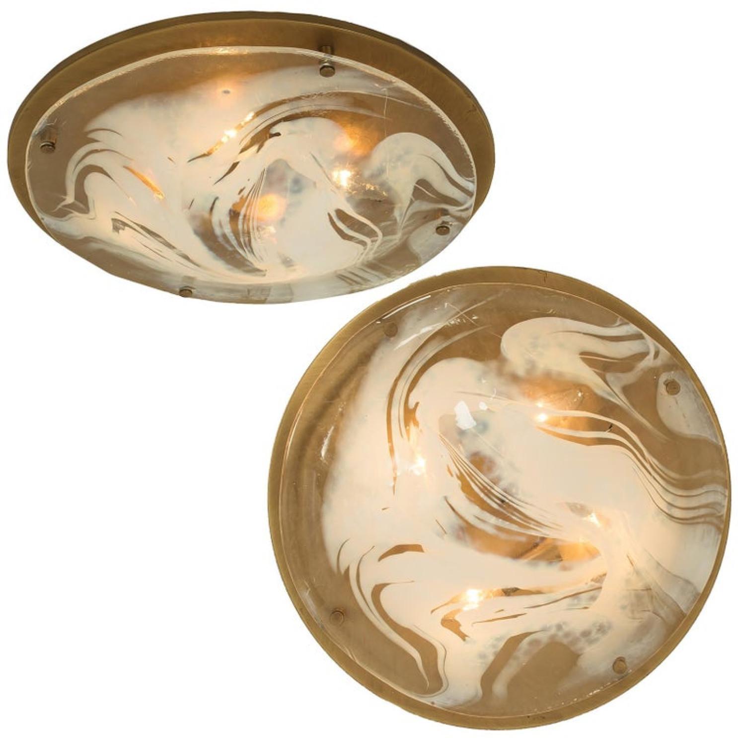 1 of the 9 Brass and Blown Murano Glass Wall Lights/Flush Mounts, 1960s For Sale 3