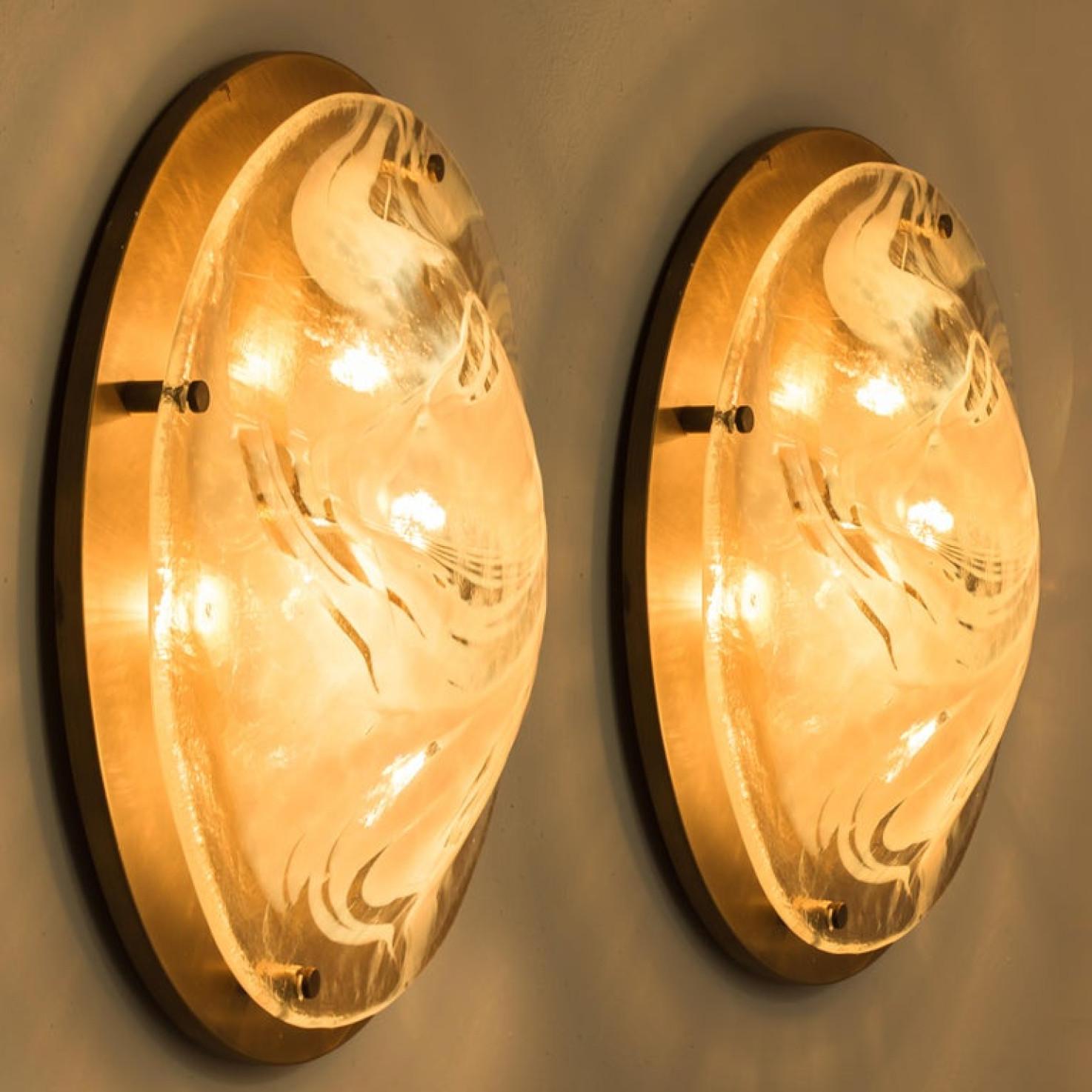 1 of the 9 Brass and Blown Murano Glass Wall Lights/Flush Mounts, 1960s For Sale 4
